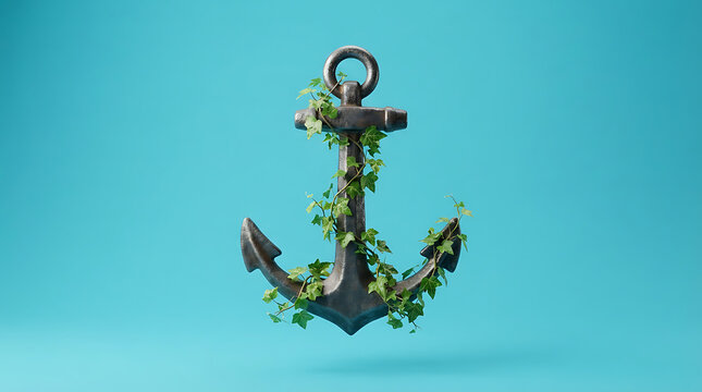 Old metal ship anchor covered with green climbing vines isolated on a simple blue background representing maritime travel and nature concept art for creative nautical design projects
