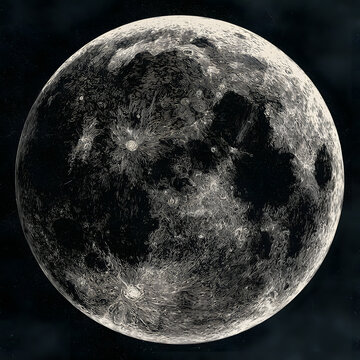 A full moon displaying a lunar surface heavily scarred by craters, captured in a distinctive scratchboard engraving style, highlights detailed impact craters, expansive plains, and finely smoothed lun