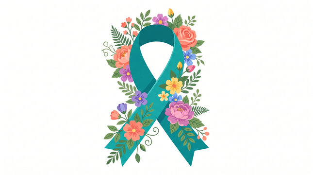 Teal awareness ribbon with colorful floral arrangement for medical support