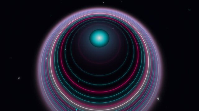 Abstract sci-fi animation of glowing neon rings orbiting a luminous cyan planet core in deep space, POV perspective view looking down a cosmic wormhole tunnel, futuristic tech background