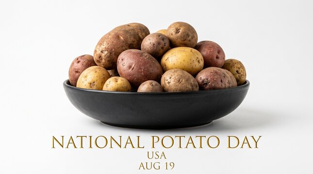 National Potato Day USA Aug 19 greeting card, variety of fresh potatoes in a black bowl, organic raw root vegetables on white background