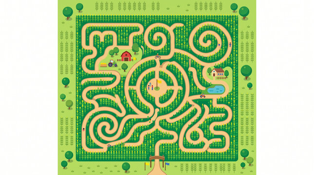 Aerial view illustration of a fun corn maze labyrinth on a farm