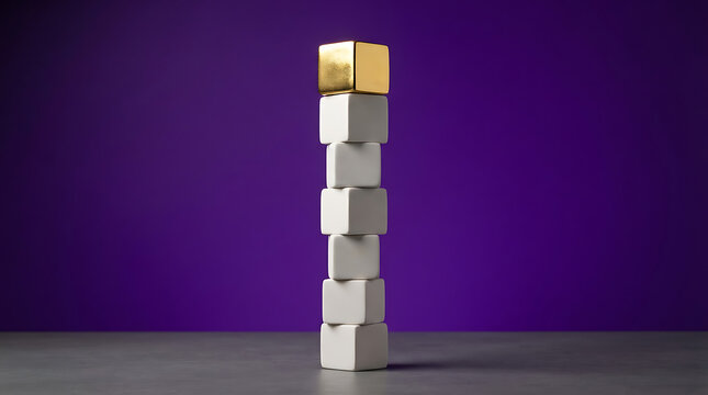 A stack of white square blocks with a shiny gold cube on top standing vertically on a dark surface against a deep purple background representing business growth and success concept