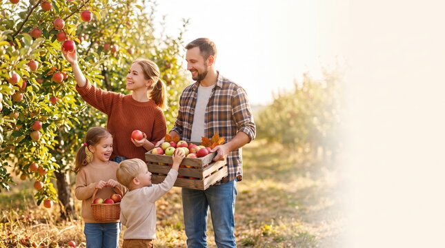 Happy family enjoying apple picking during autumn harvest in orchard