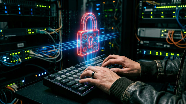 Cybersecurity Specialist Securing Server Room with Holographic Lock