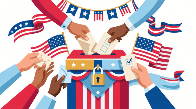 Diverse Hands Casting Votes in American Ballot Box for Election