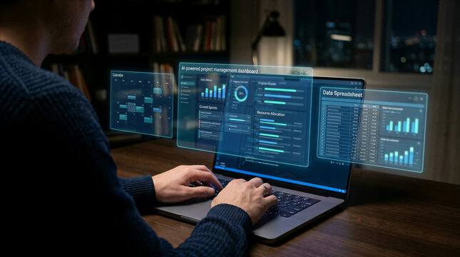 Dashboard for Ai Project Management on Laptop in Night Office