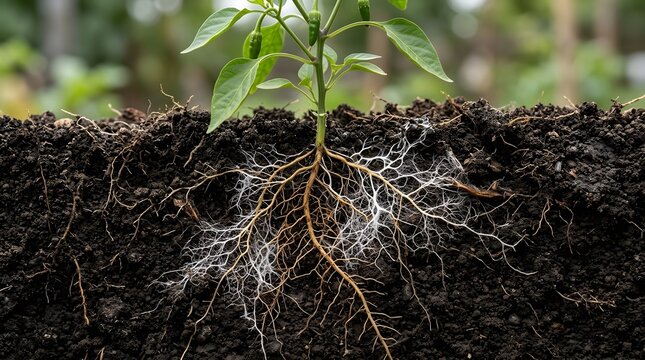 Detailed cross-section of a young green pepper plant growing in fertile dark soil, showcasing an intricate network of white roots and mycorrhizal fungi mycelium underground.