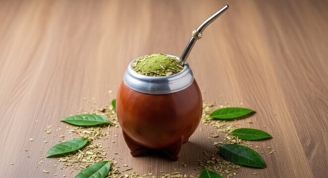 A traditional wooden table features a rustic gourd filled with green yerba mate leaves and a metal straw, surrounded by loose herbal tea, plant, overhead, dried