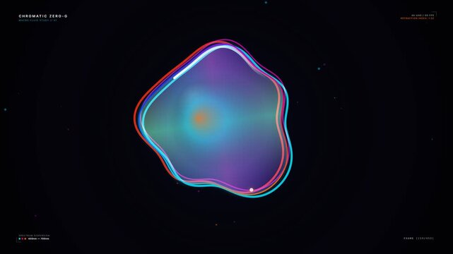 Abstract futuristic zero gravity fluid blob morphing on black background with chromatic colorful neon gradient glow and HUD sci-fi UI overlay elements in a macro shot studio animation video.