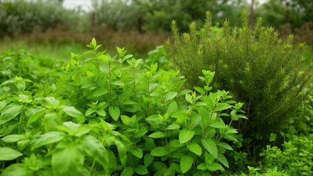 Green nature background with fresh plant and leaf, lush herb shrub garden foliage, soft blurred outdoor scene and calm natural spring background