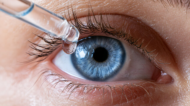 Medizinische Augentropfen werden mit einer Pipette in ein blaues Auge appliziert, Makroaufnahme zum Thema Augenheilkunde und Gesundheit
