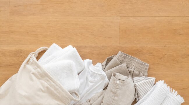 Minimalist canvas laundry bag with folded towels on wood floor
