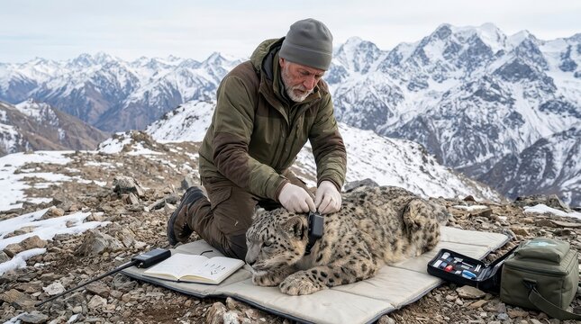 Biologist attaching tracking collar to snow leopard in mountains