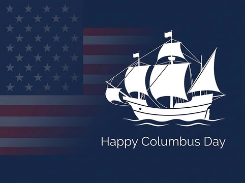 Happy columbus day banner design with american flag and vintage sailing ship silhouette