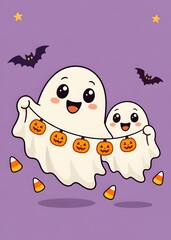 Obraz premium Cute cartoon ghosts holding a pumpkin garland with bats and candy corn