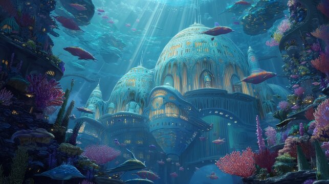 Beneath the silent waves, a domed city glows with soft blue light, where manta-ray taxis glide between coral skyscrapers. 