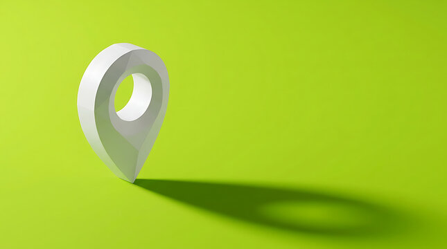 White 3d location pin icon standing on a bright lime green surface with a dark shadow