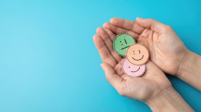 Hands holding colorful smiley face tokens on a blue background representing world mental health day to promote emotional well being and positive psychological support awareness