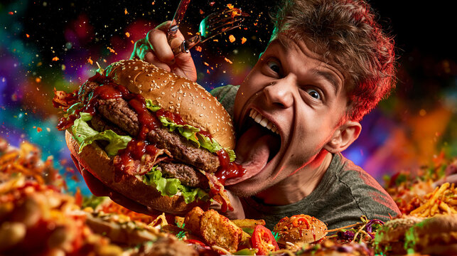 Man with oversized burger and fast food spread, gluttony and excess concept.