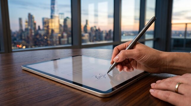 Hand signing contract on tablet beside desk with blurred skyline view through windows at dusk