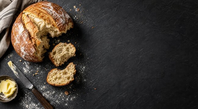 Artisan bread flat lay on dark slate