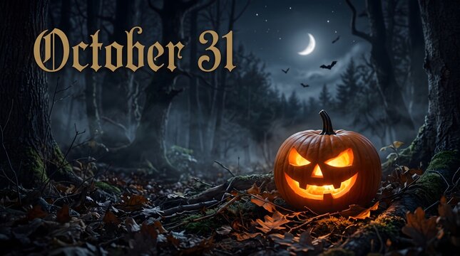 A glowing jack o lantern pumpkin sits in a dark spooky forest under a crescent moon for halloween october thirty first