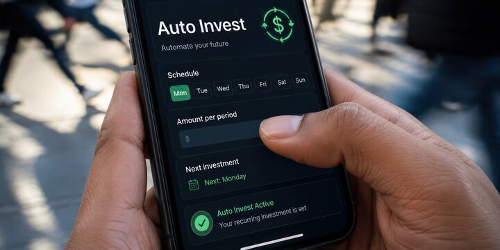 Close up hands holding smartphone setting up auto invest recurring schedule on street background