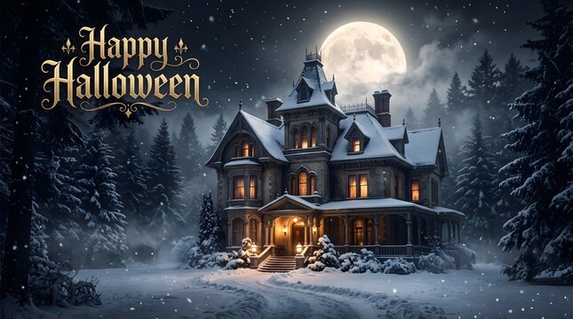 A spooky haunted mansion stands in a snowy forest under a glowing full moon with a happy halloween text overlay
