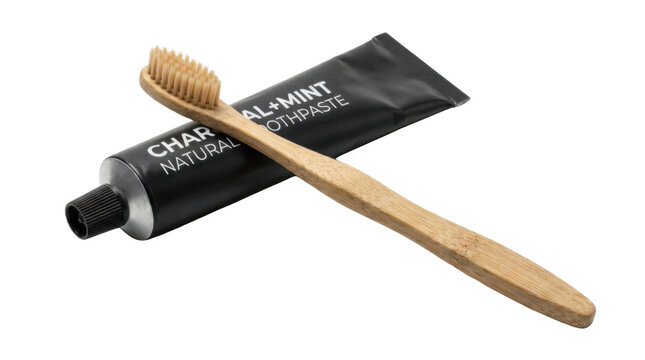 Bamboo toothbrush and charcoal toothpaste tube PNG Isolated on transparent background