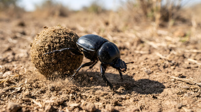 Dung beetle rolling a ball of dung in the dry dirt ground