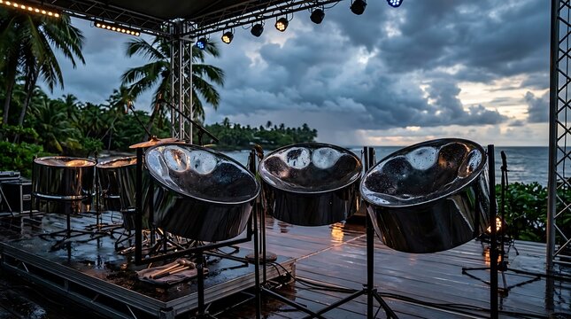 Steel pan drums set on a stage outdoors during a beautiful tropical sunset. Steel drum music event