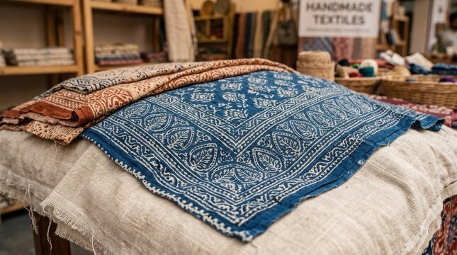 Handmade textiles with intricate patterns displayed at regional craft market in india showcasing traditional fabric art and culture