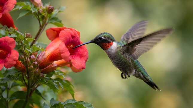 Ruby-throated hummingbird hovering and feeding on red trumpet flowers