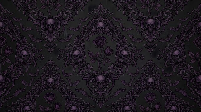 Vintage Gothic Damask Pattern with Skulls Roses and Bats