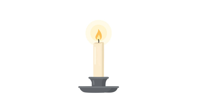 A simple 2d flat vector illustration of a lit candle in a dark candlestick holder, isolated on white background.