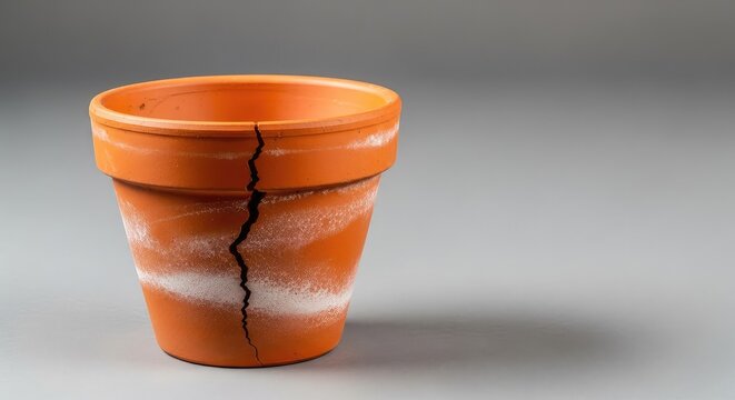 A weathered orange terracotta flower pot stands empty on a neutral surface, featuring a distinct vertical crack running down its side, rustic, line, craft
