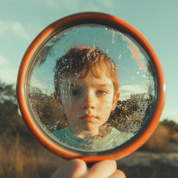 Young Boy Looking in Mirror, Self Reflection and Childhood Concept