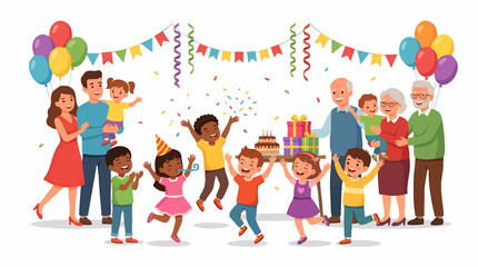 Fototapeta premium Diverse family and friends celebrating a joyful birthday party with cake balloons and confetti isolated on white background