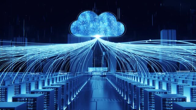 AI big data storage, high tech server cloud computing. countless light beams radiate from rows of server racks in a data center, converging onto a glowing blue cloud icon filled with binary code.