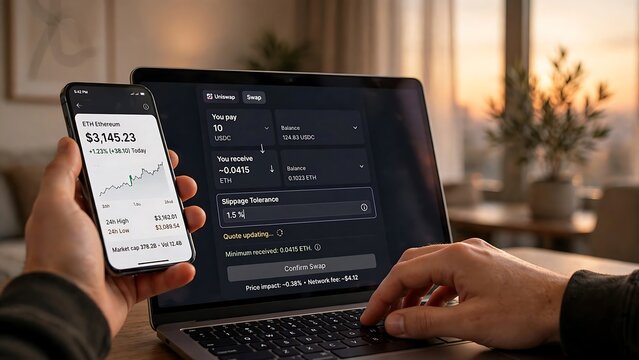 Man Trading Cryptocurrency on Decentralized Exchange (DEX) with Ethereum Price Chart on Smartphone