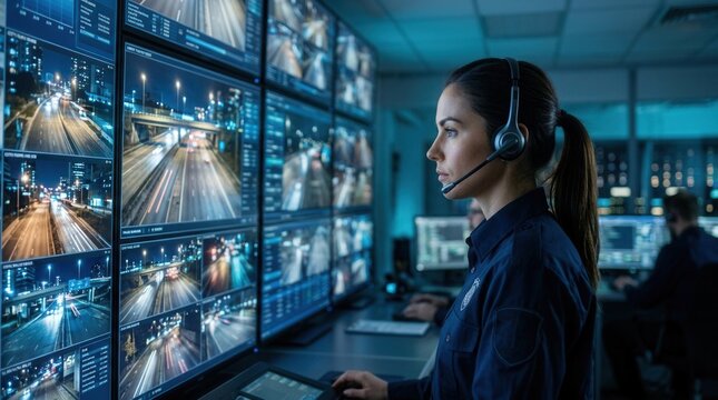 Woman monitors surveillance system in control room watching traffic on multiple computer screens.