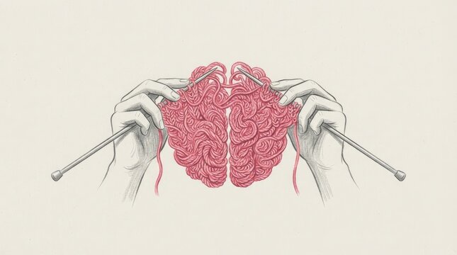 Conceptual illustration of hands knitting a human brain with red yarn to represent healing and mindfulness for the annual observance of world mental health day