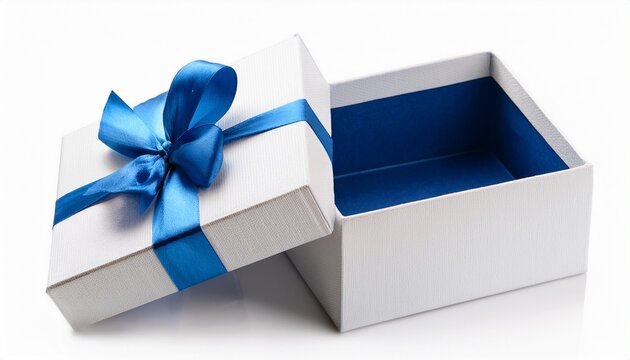 White Open Gift Box With Blue Ribbon Isolated On White