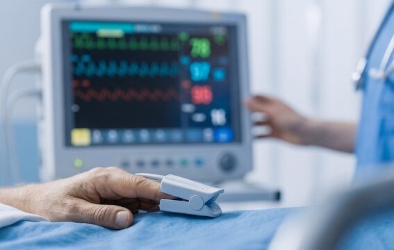 Patient hand with pulse oximeter monitoring vitals in hospital bed, blurred medical monitor background. Healthcare concept in cinematic style.