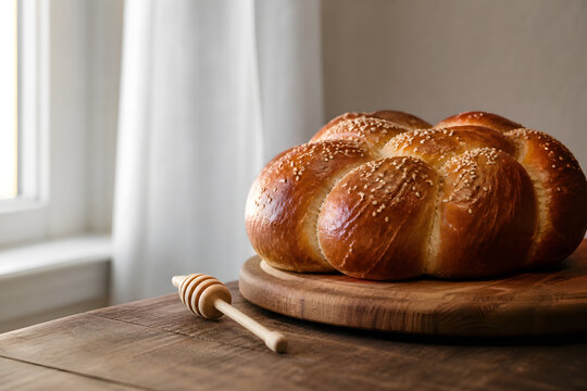 Fresh round challah loaf with honey dipper