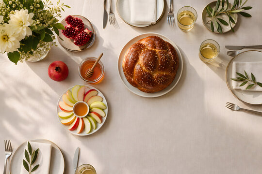 Warm Rosh Hashanah Table With Challah And Honey