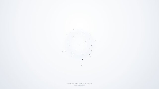 Minimalist abstract cloud infrastructure intelligence network visualization featuring dark nodes connecting against a clean white background, modern technology concept in wide studio shot.