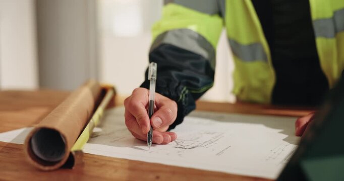 Hands, engineer and writing on blueprint for construction, illustration and sketch for architecture. Person, drawing or draft at site with document, floor plan and property layout for building design