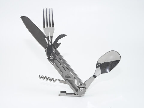 Stainless steel multi tool folding cutlery set fork spoon knife
